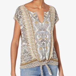 Lucky Brand Tie Waist Boho Pattern Split Neck Tee